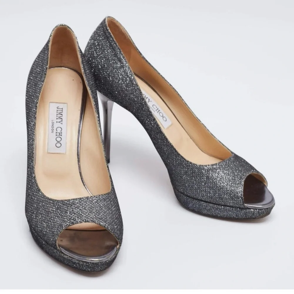 Jimmy Choo Stiletto Luna Pump Silver Glitter Size 37.5 Hollywood Glam